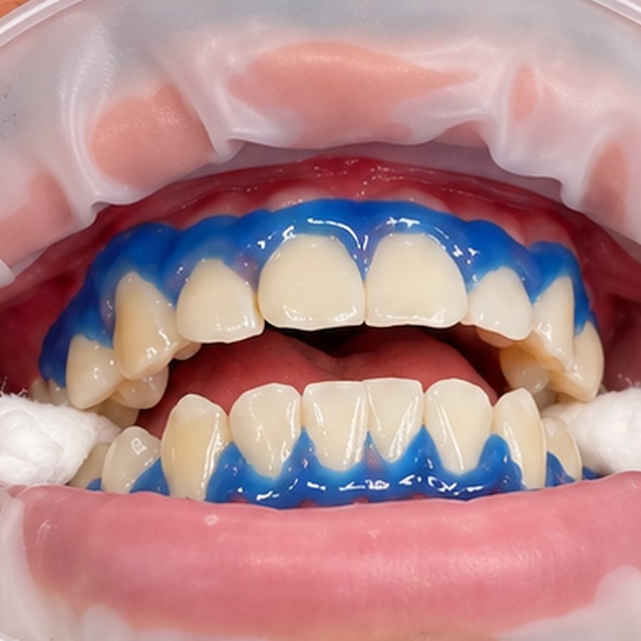 Blue protective gum barrier applied along a patient's gumline