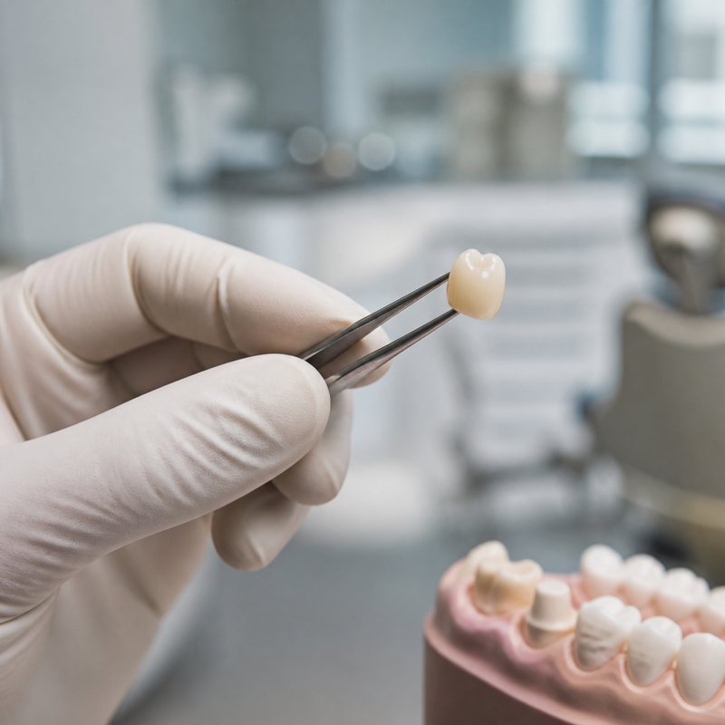 A finished ceramic crown held with tweezers