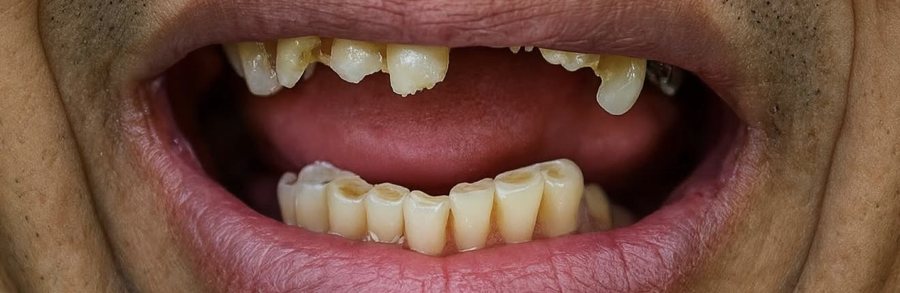 Smile before treatment, with missing and broken teeth