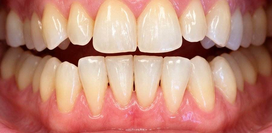 Teeth before Invisalign, with an open bite where the front teeth do not meet