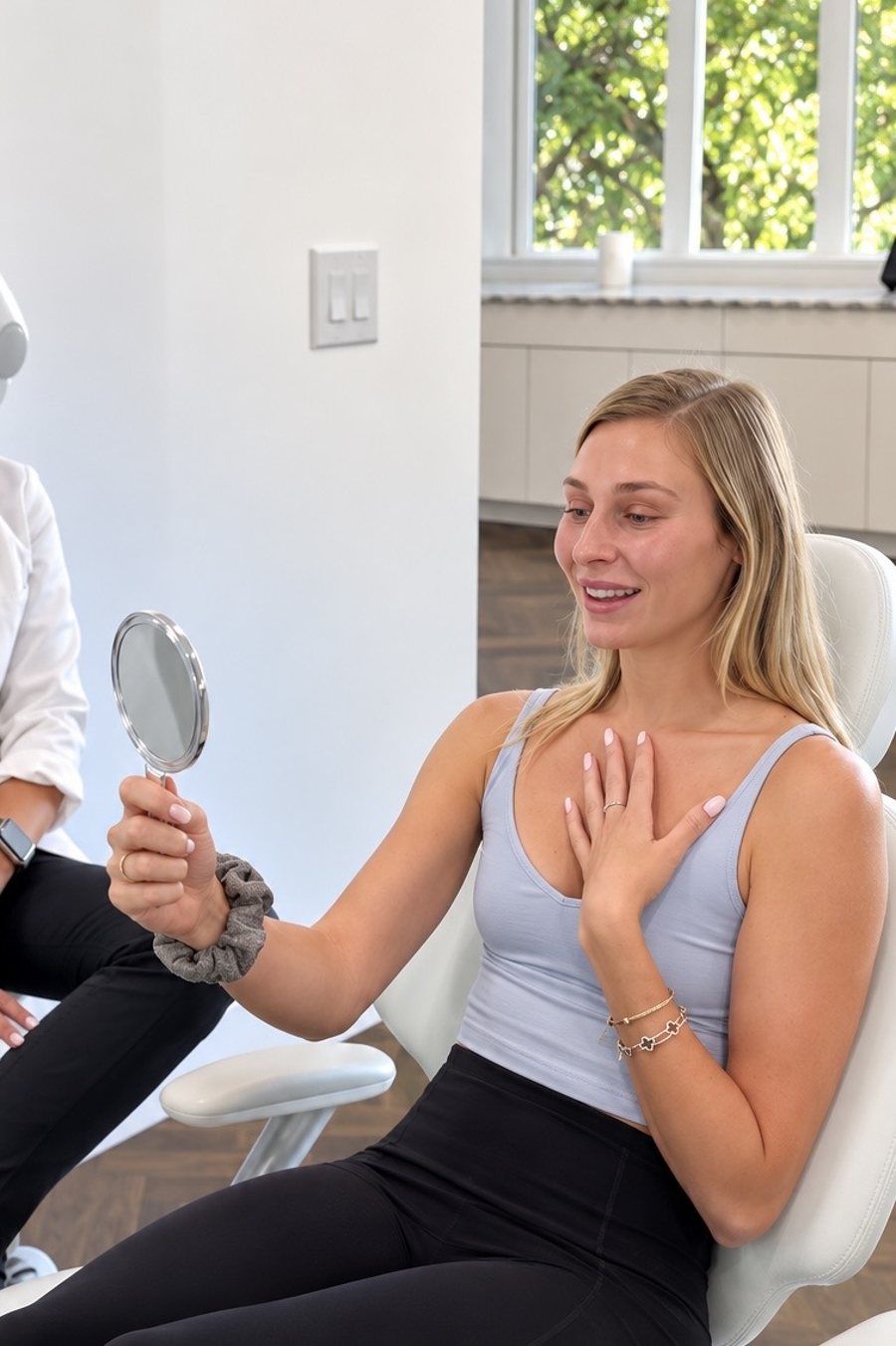 A patient smiling as she sees her new veneers in a hand mirror